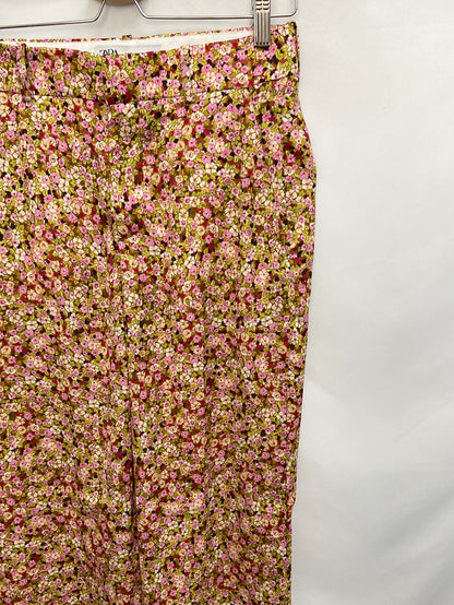 ZARA.Pantalones anchos rectos vestir flores t.s