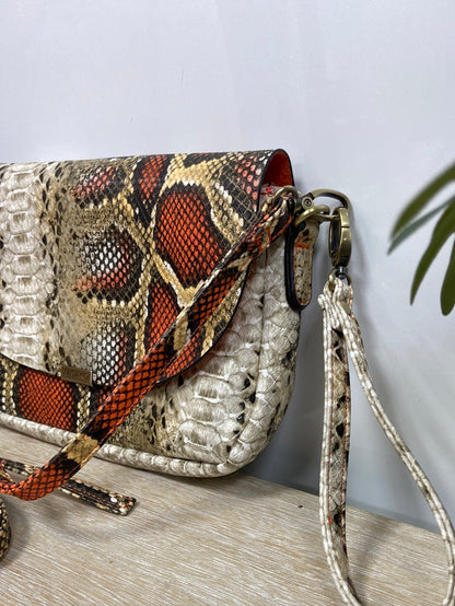 MISAKO. Beige and orange animal print bag