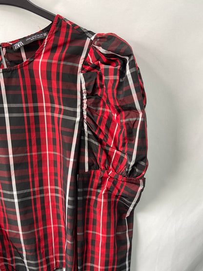 ZARA.Top/blusa cuadros mangas abullonadas T.xs
