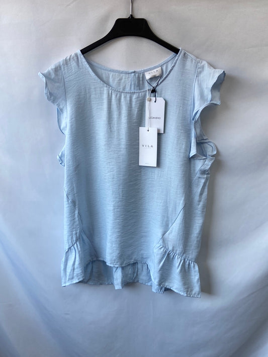 VILA.Blusa azul volantes T.38