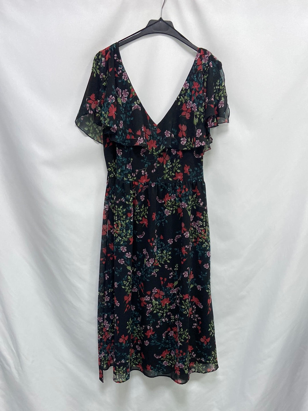 MANGO. Vestido midi negro flores T.m