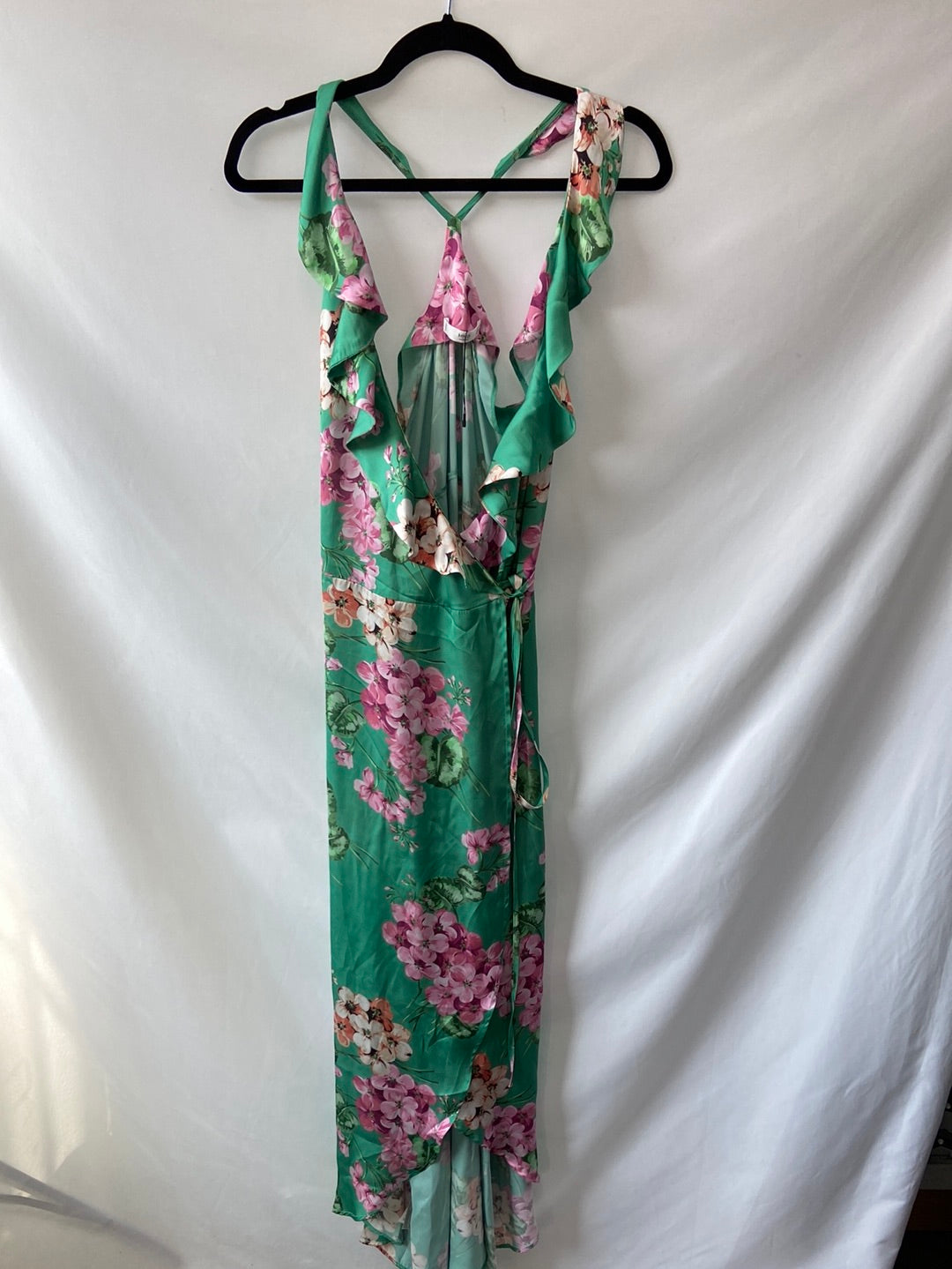 MANGO.Vestido largo verde flores cruzado T.S