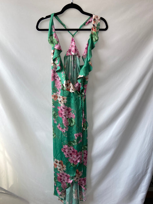 MANGO.Vestido largo verde flores cruzado T.S