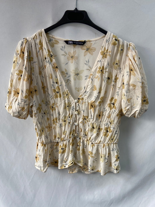 ZARA.Blusa beige flores y botones T.S
