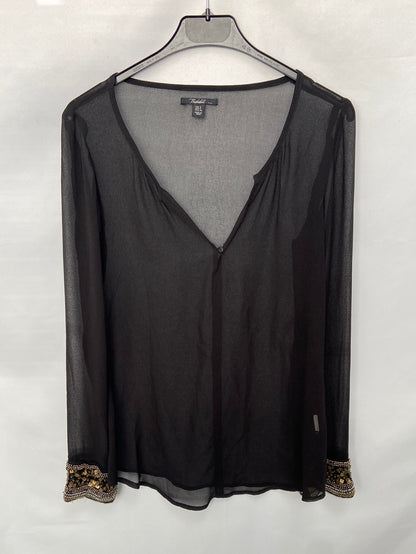 ZARA.Blusa negra semitransparente abalorios T.s