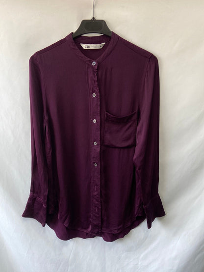 ZARA. Wine-colored shirt with Mao collar, size S