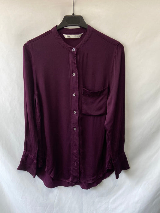 ZARA. Wine-colored shirt with Mao collar, size S