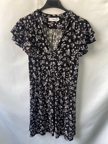 MANGO.Vestido corto negro flores T.XS
