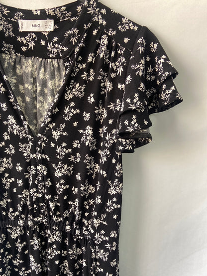 MANGO.Vestido corto negro flores T.XS