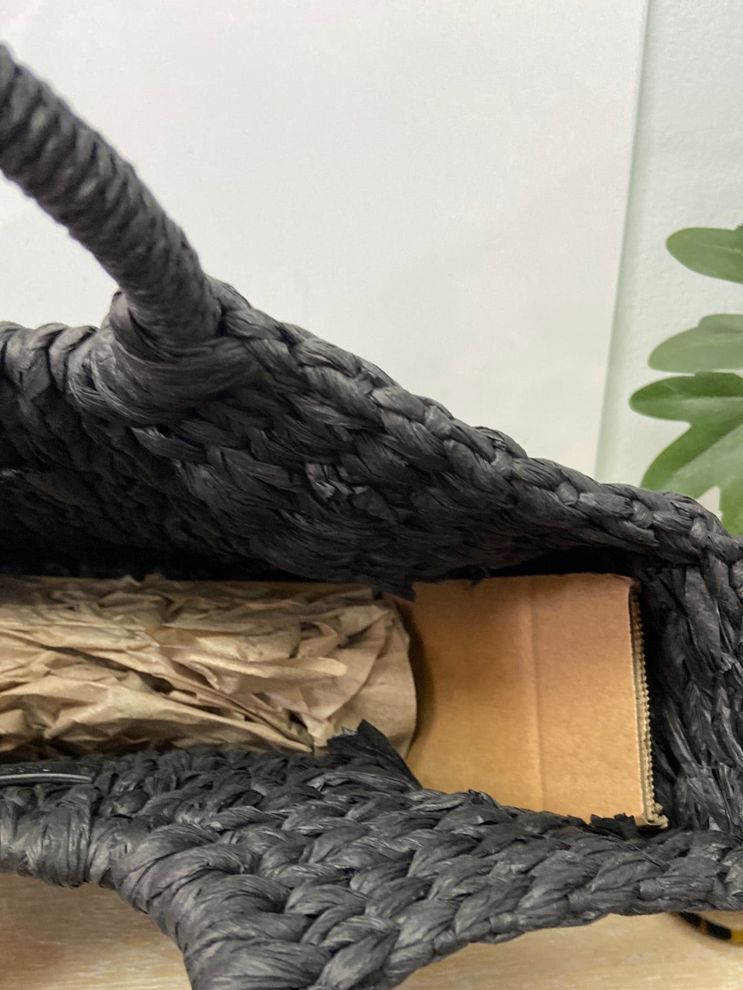 ZARA. Black semicircle raffia basket