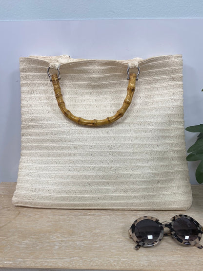 H&amp;M.Beige raffia bag with wooden handle