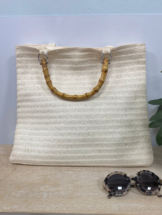 H&amp;M.Beige raffia bag with wooden handle