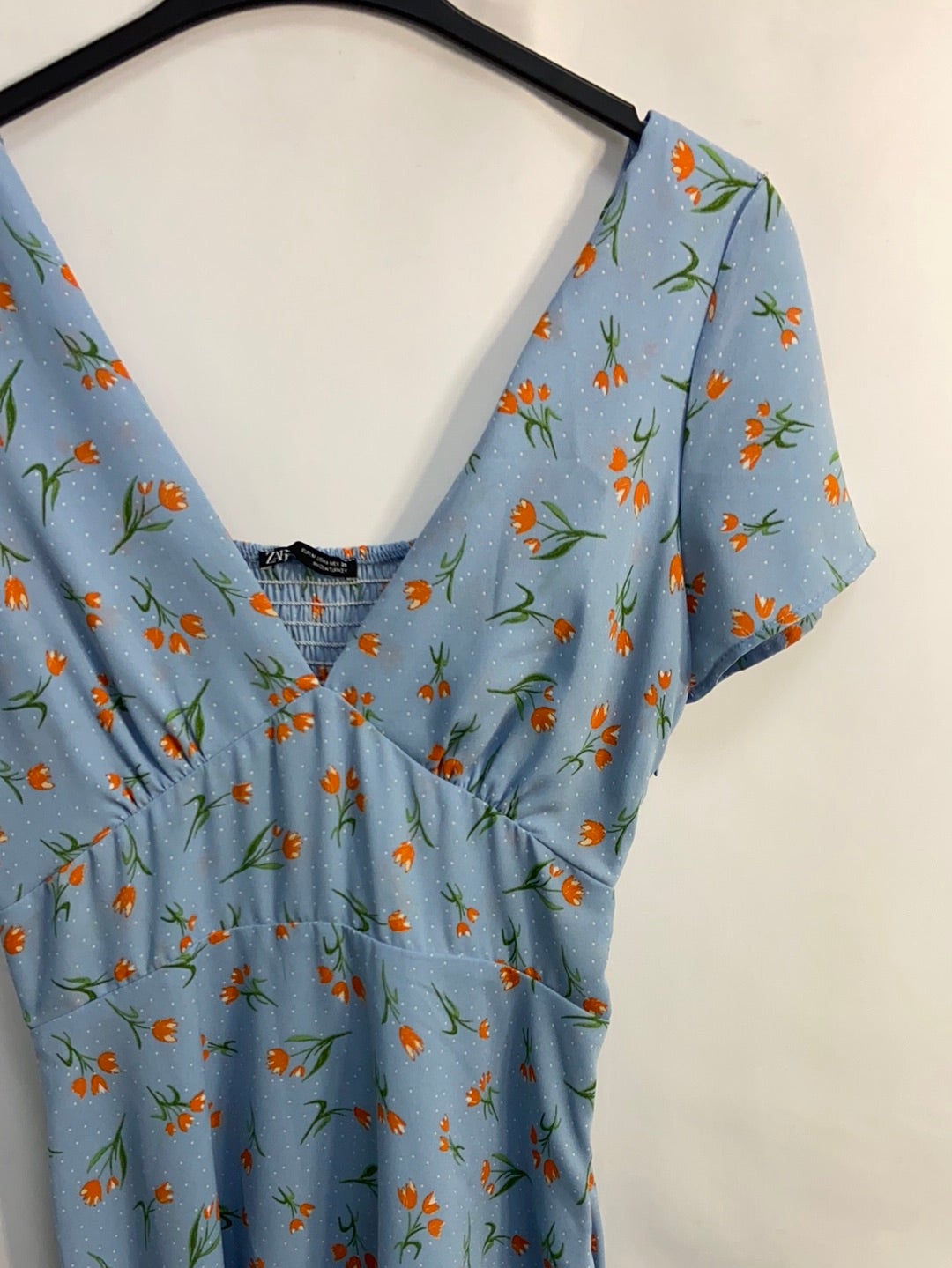 ZARA.Vestido corto azul cielo flores T.M