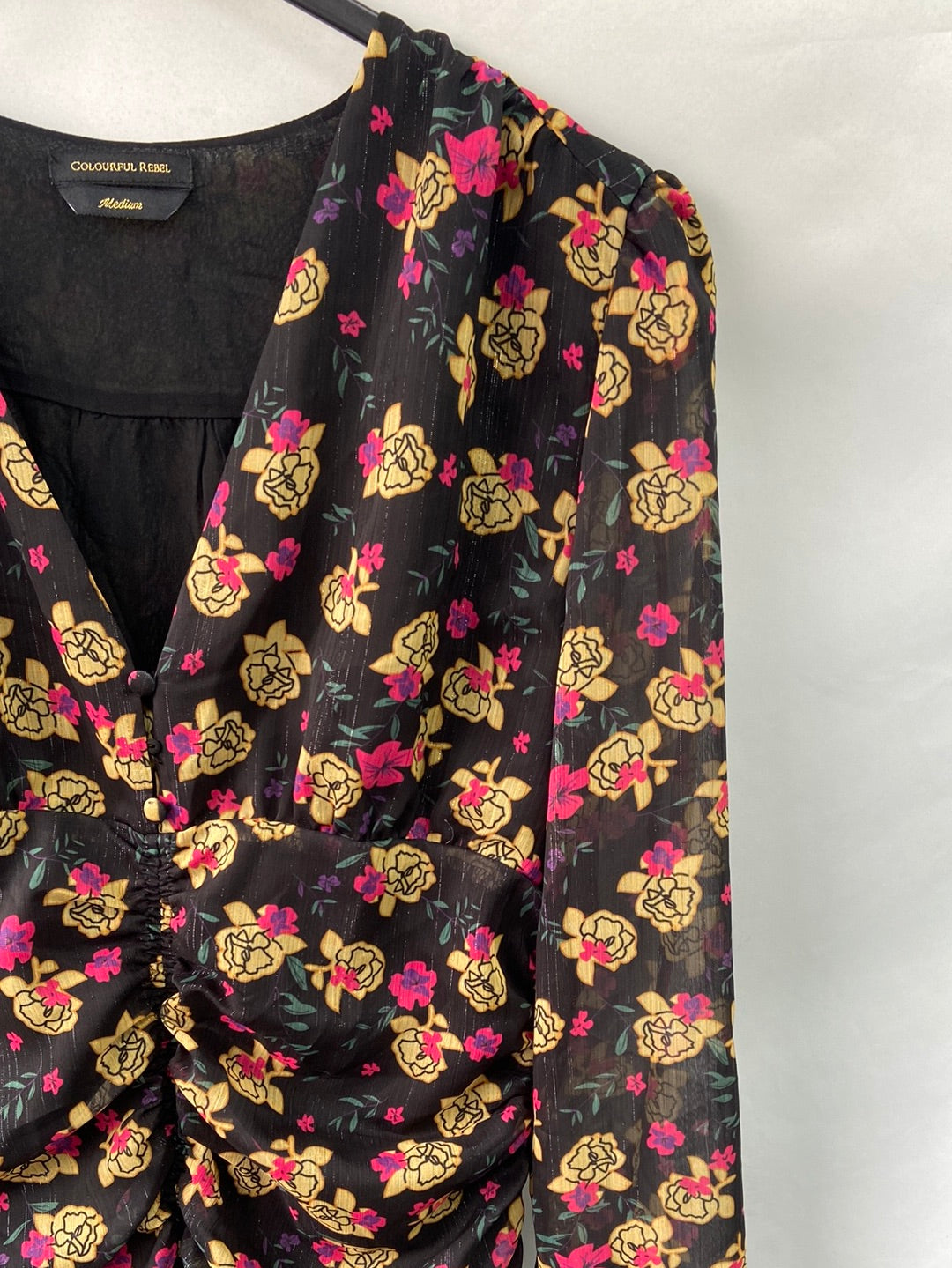 COLOURFUL REBEL vestido corto negro fruncido T.m