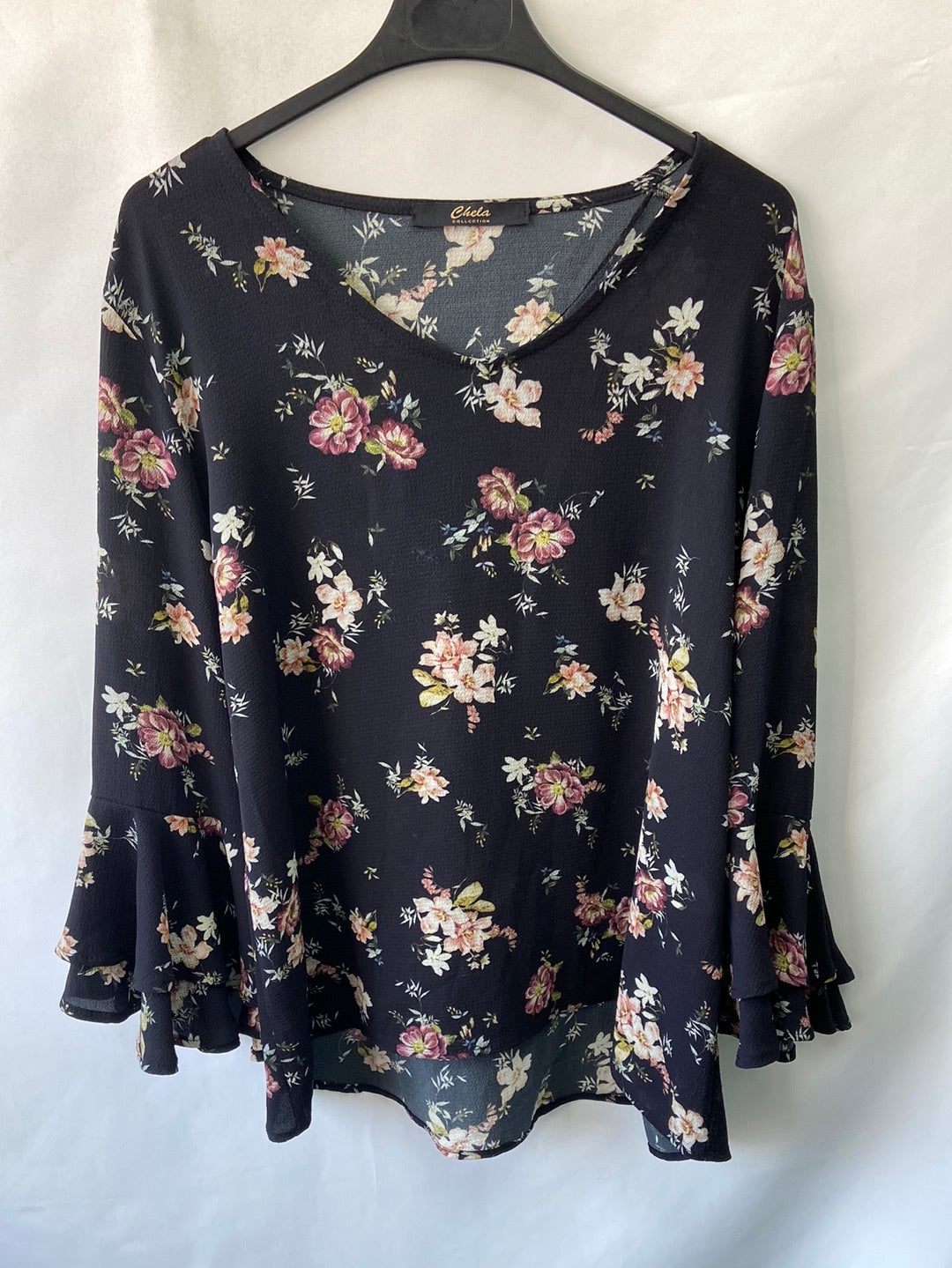 CHELA. Black floral blouse size L
