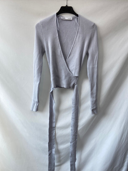 ZARA.Top/jersey cruzado azul canalé T.s