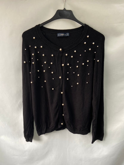 ZARA.Black knit cardigan with Ts pearls