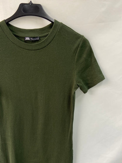 ZARA.Vestido punto canalé verde T.m