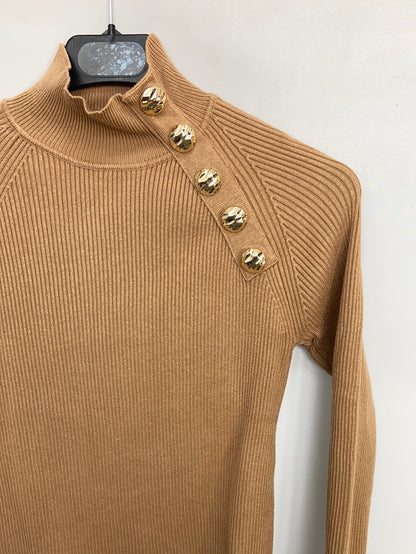 ZARA.Jersey punto fino camel botones T.s