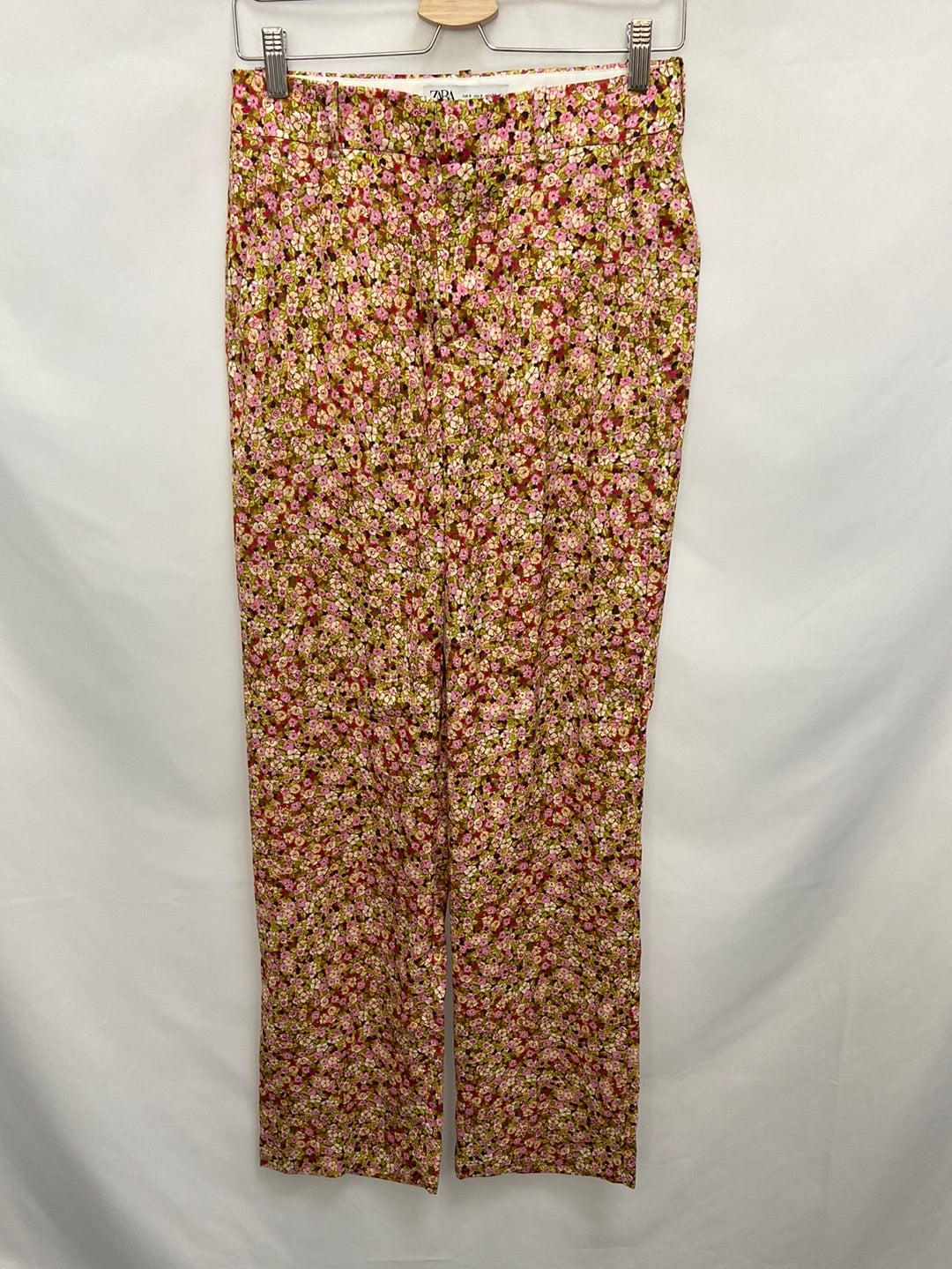 ZARA.Pantalones anchos rectos vestir flores t.s