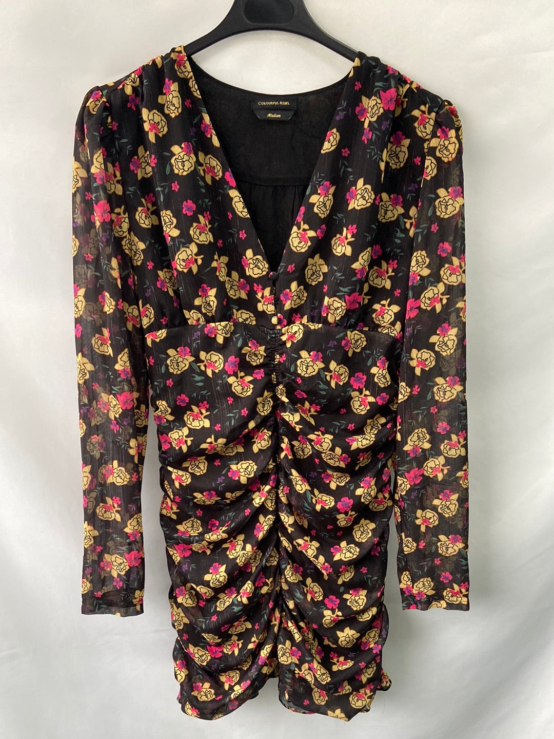COLOURFUL REBEL vestido corto negro fruncido T.m