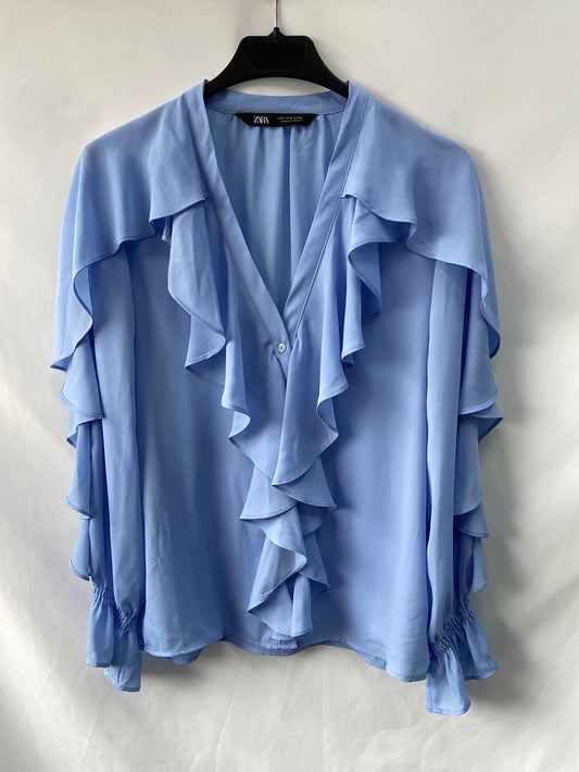 ZARA.Camisa azul volantes T.S
