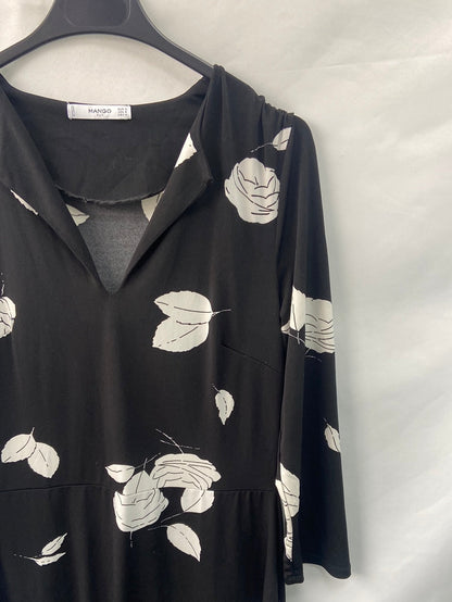 MANGO. Vestido negro hojas T.m